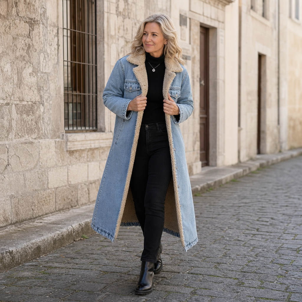 Denora Sherpa Lined Denim Coat - Women's Long Denim Coat
