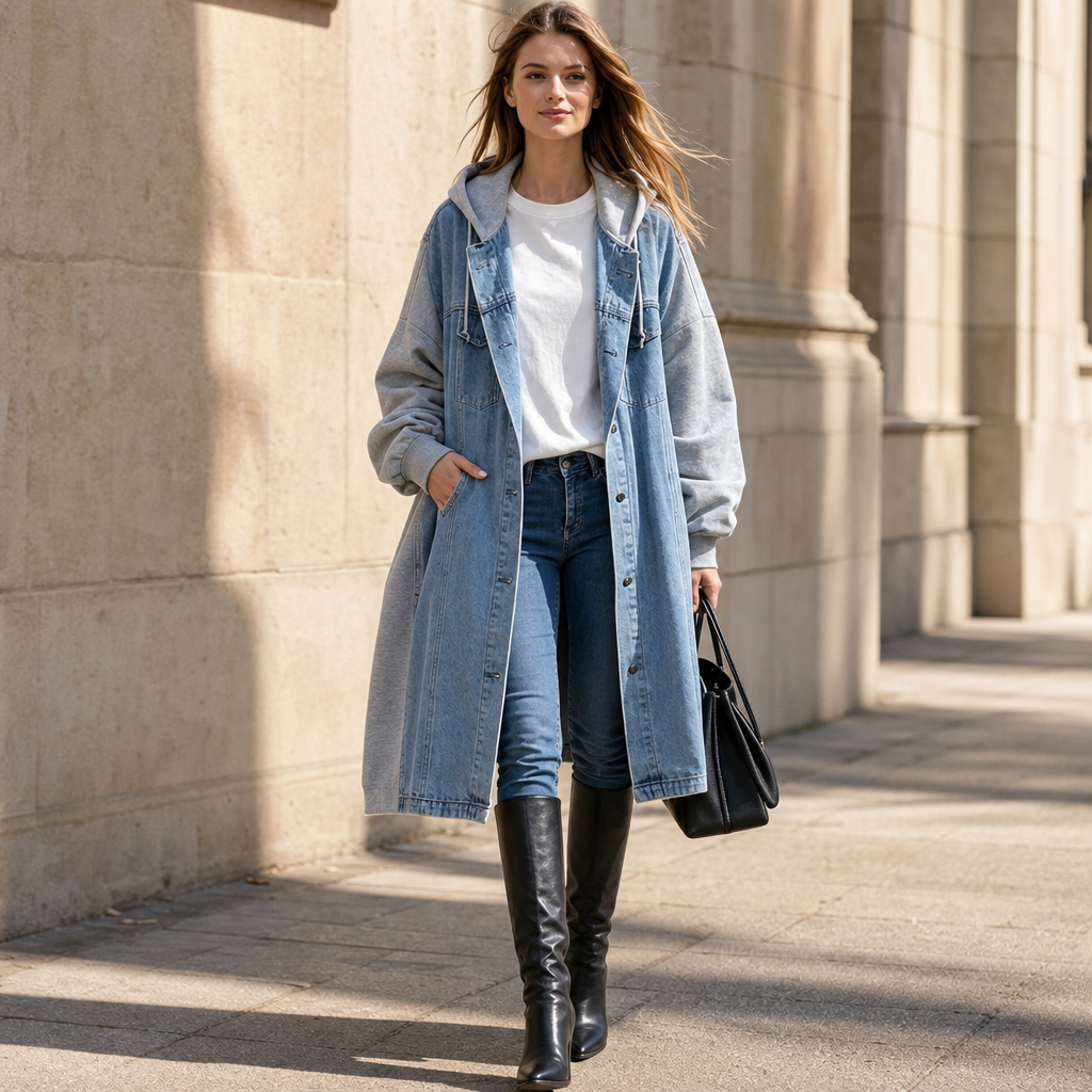 Denimova Hooded Jacket - Denim-Look Sweatshirt Women's Top