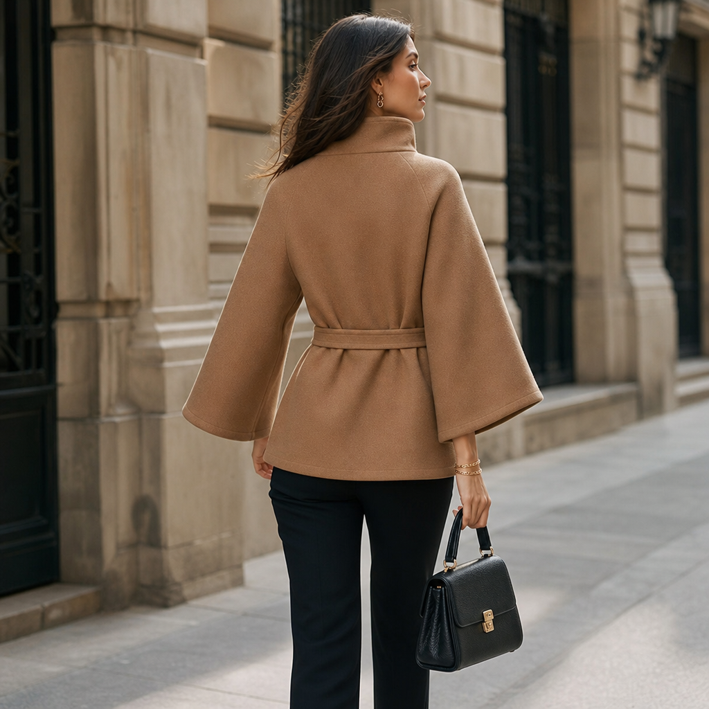Velora Belted High-Neck Jacket - Asymmetric Women's Jacket