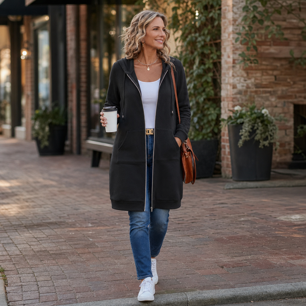 Wrapdown Long Hooded Jacket - Zip Up Women's Longline Coat