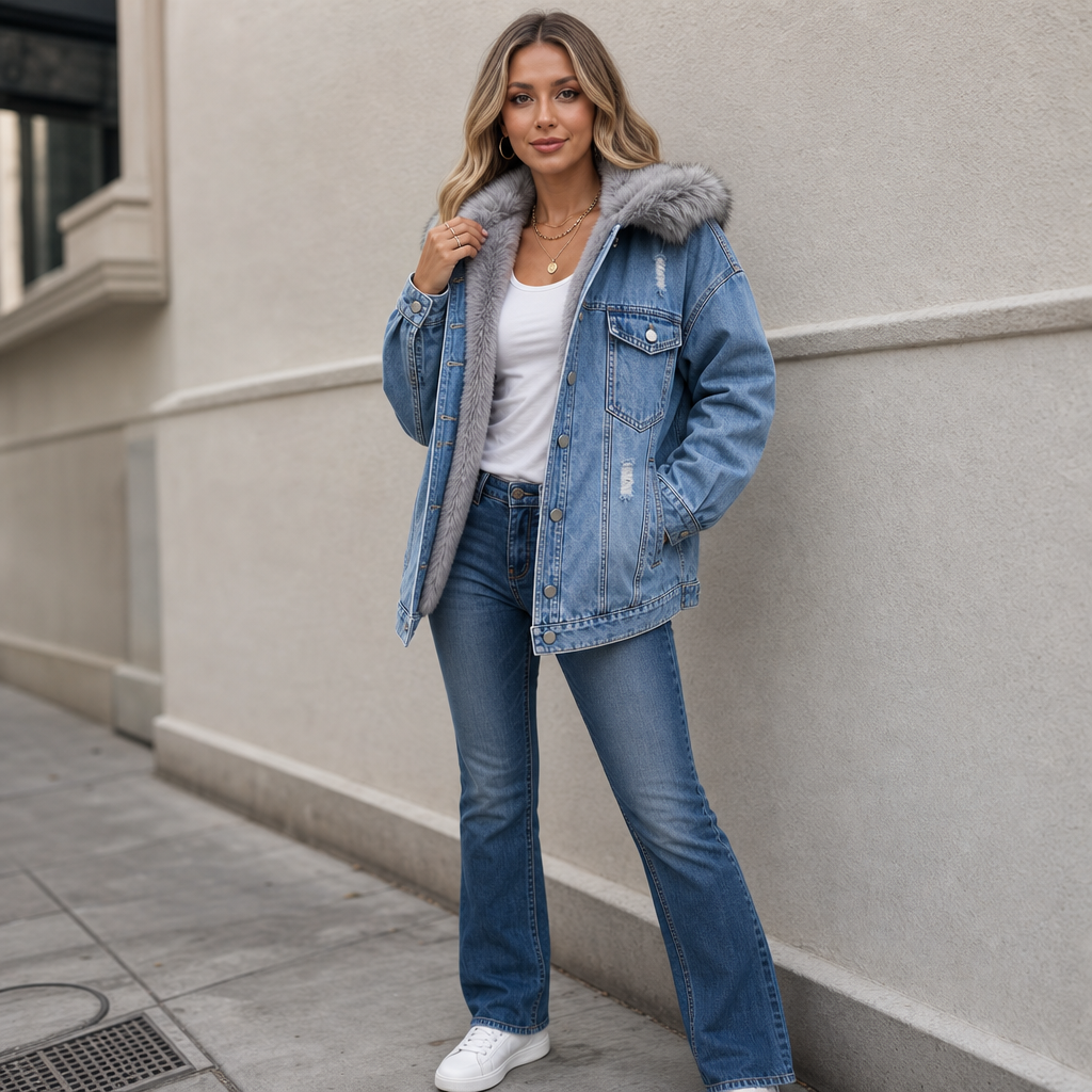 Wearbella Fur Collar Denim Jacket - Women's Hooded Jacket