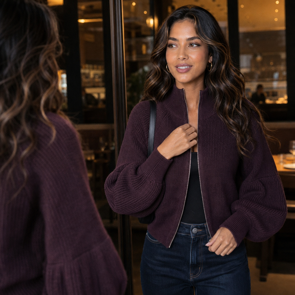 Lantera Lantern Sleeve Cardigan - Zip Up Women's Knit