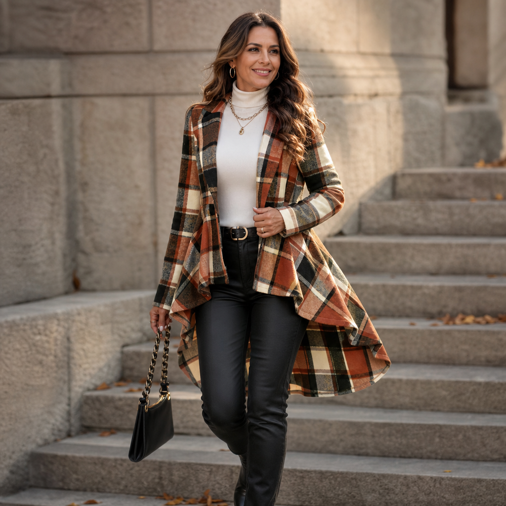 Cinchella Plaid Peplum Coat - Women's High Low Waist Coat