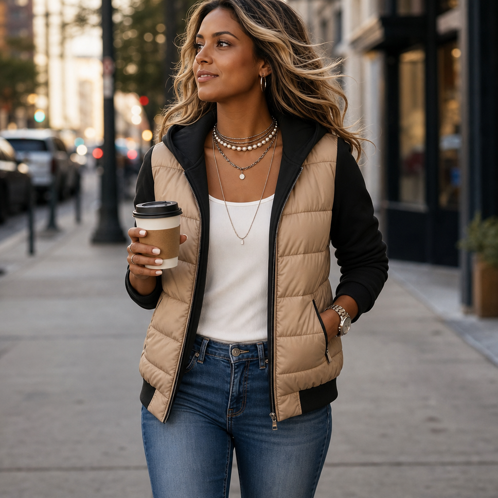 Coeza Quilted Puffer Jacket - Women's Knit Sleeve Hoodie