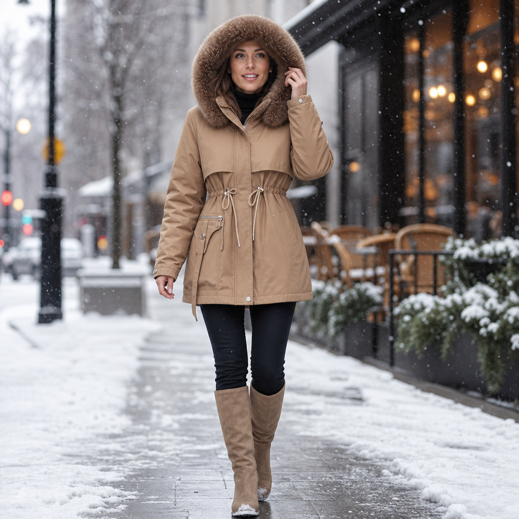 Veluxe Quilted Parka - Women's Faux Fur Hood Cinched Waist