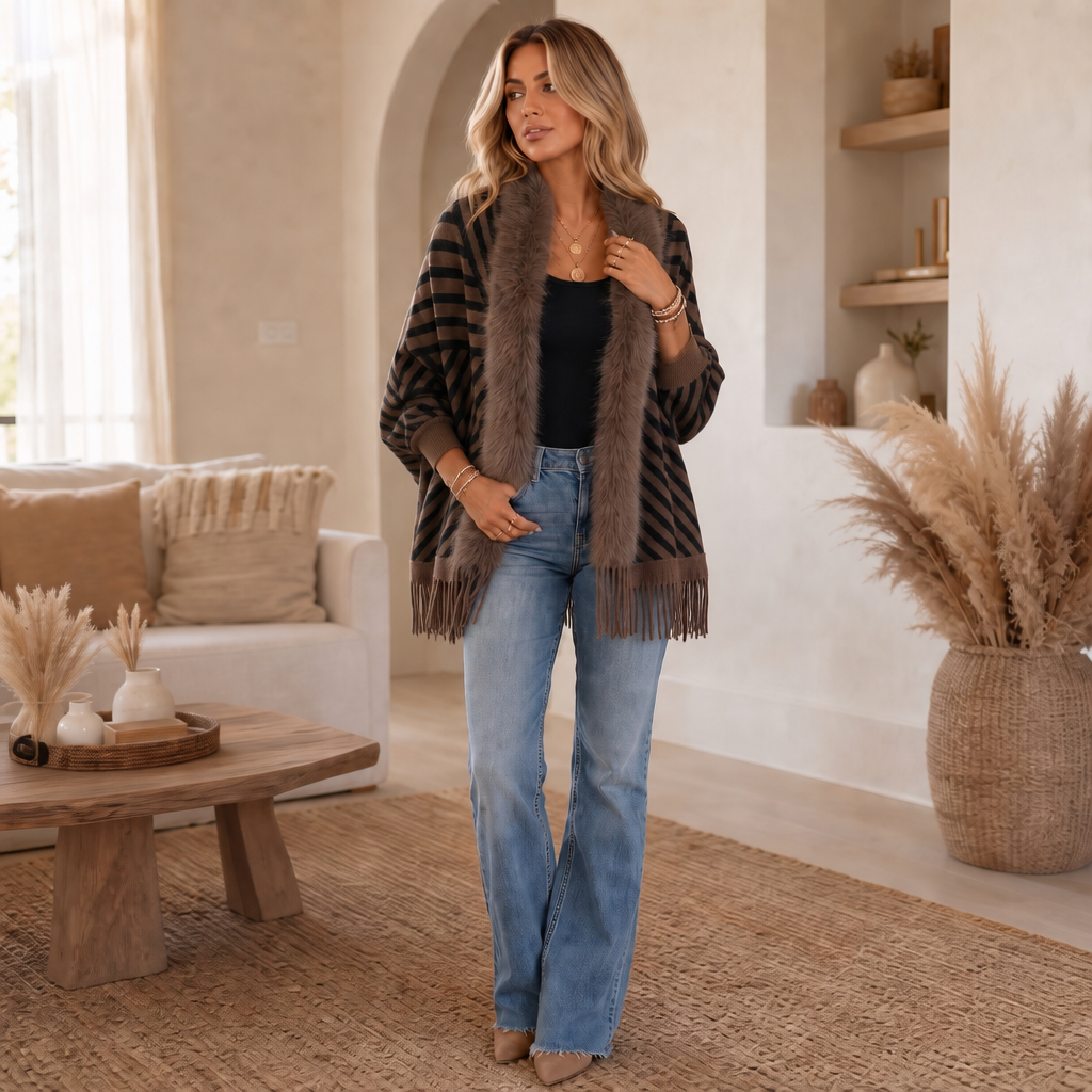 Velmora Fringed Poncho Cardigan - Women's Faux Fur Trim