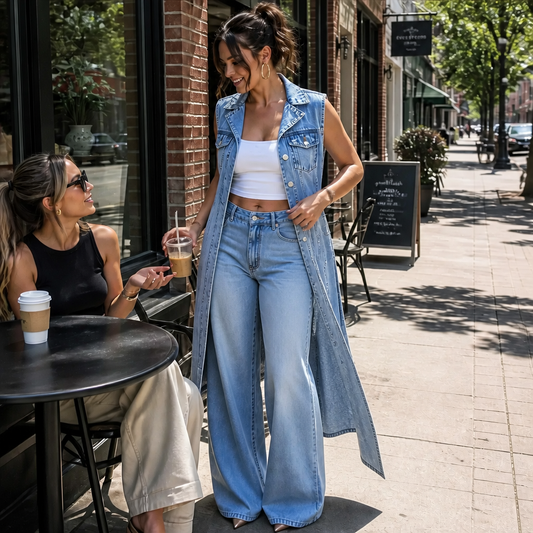 Overlaid Denim Vest Dress - Asymmetric Women's Denim Layer