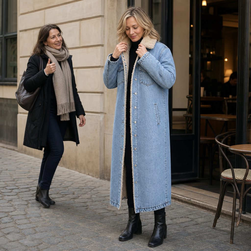 Denora Sherpa Lined Denim Coat - Women's Long Denim Coat