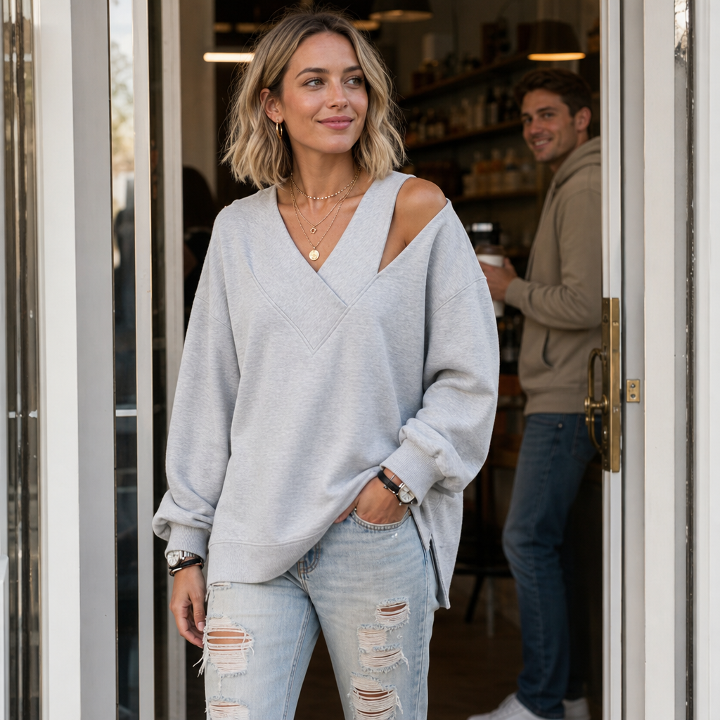 Slouvia - Cutout Shoulder Oversized Women's Sweatshirt