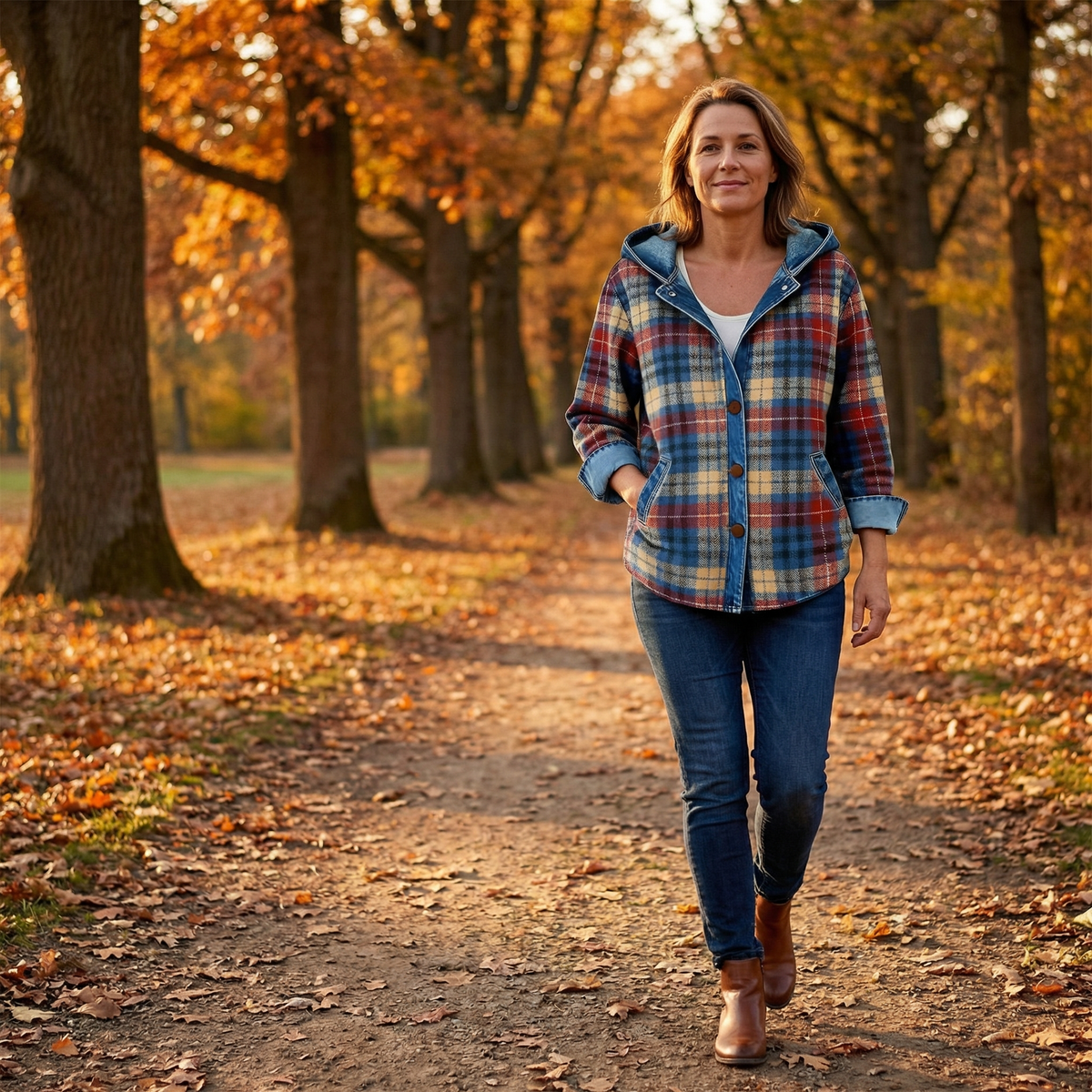 Weslyn Plaid Hooded Jacket - Women's Denim Trim Shacket