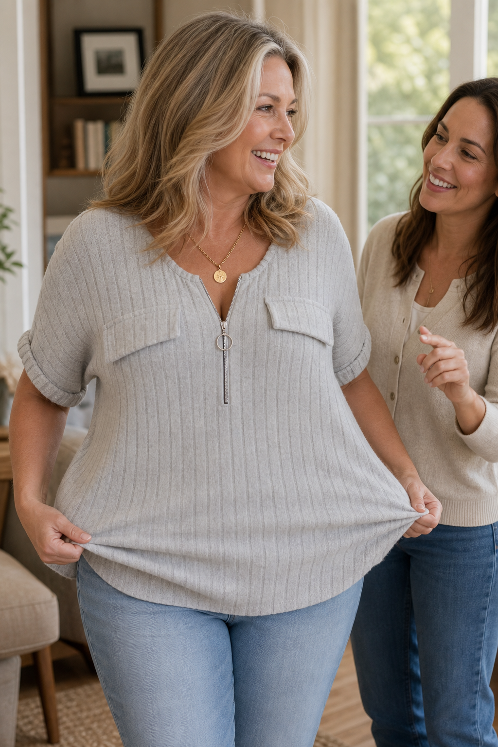 Veloura Zip-Neck Knit Top - Women's Ribbed Jumper