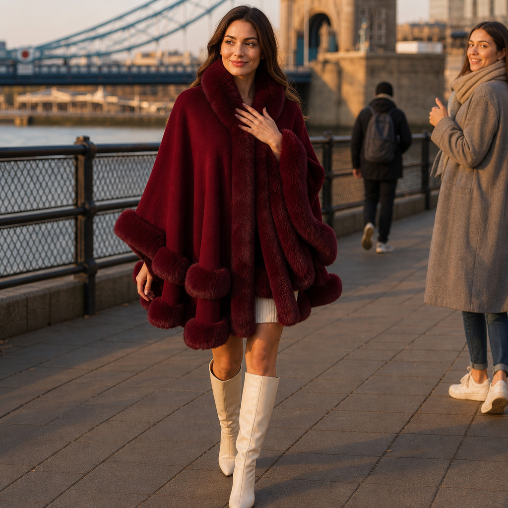 Wearbella Faux Fur Trim Cape Coat - Women's Hooded Knit