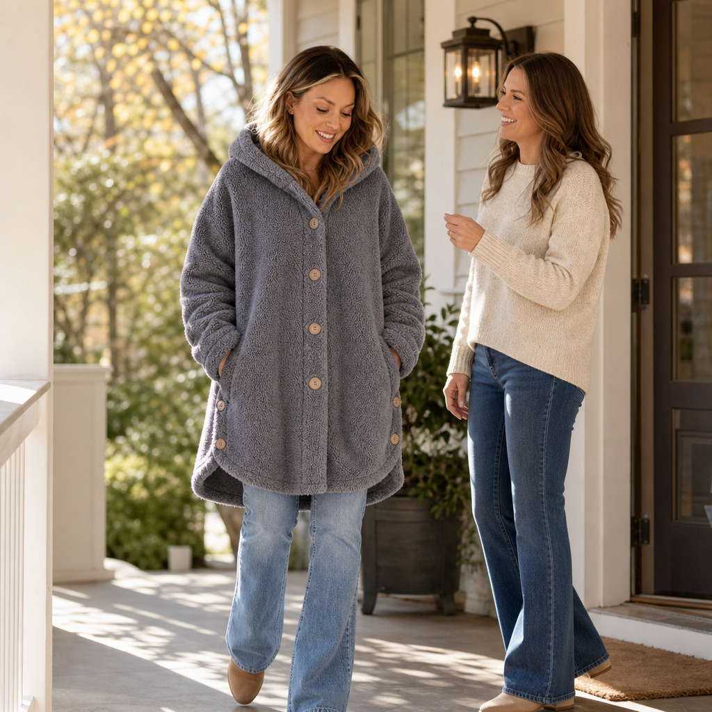 Veluna Hooded Fleece Coat - Asymmetric Button Women's Coat