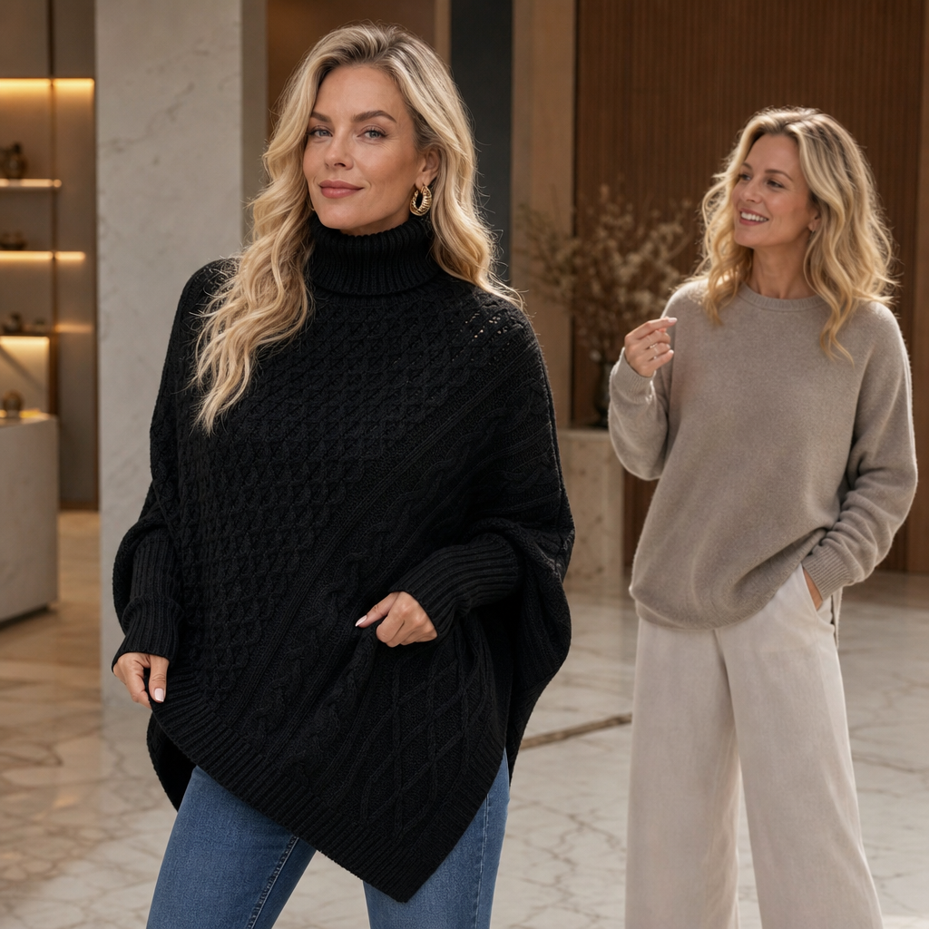 Cabelune Cable Knit Poncho - Women's Asymmetric Jumper