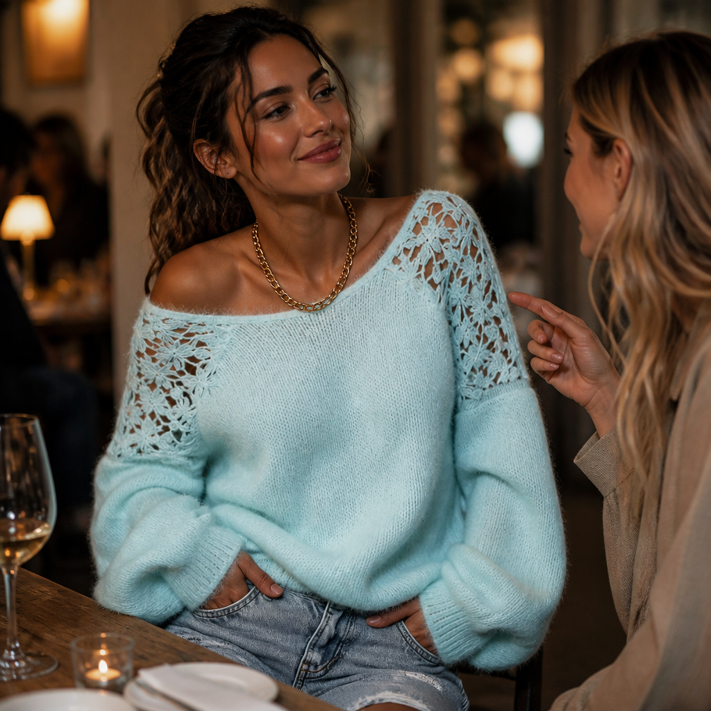 Wearbella - Open-Shoulder Lace Knit Women's Sweater