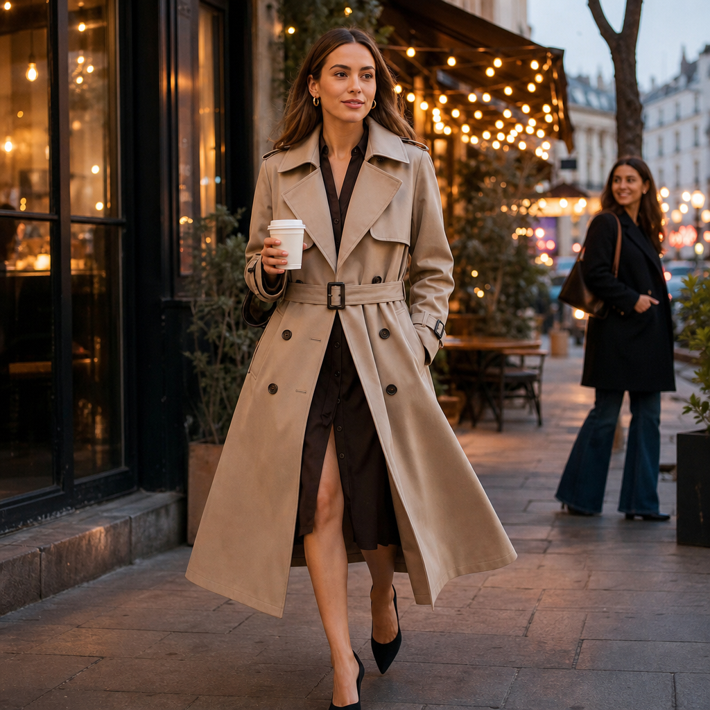 Winterly Belted Trench Coat - Women's Mid-Length Coat