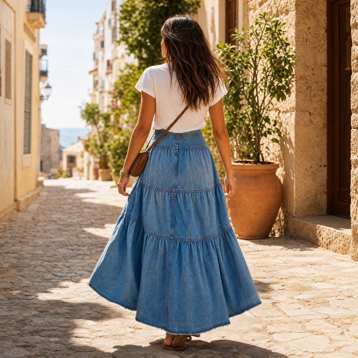 Solera Denim Maxi Skirt - Women's Button Front Tiered Skirt