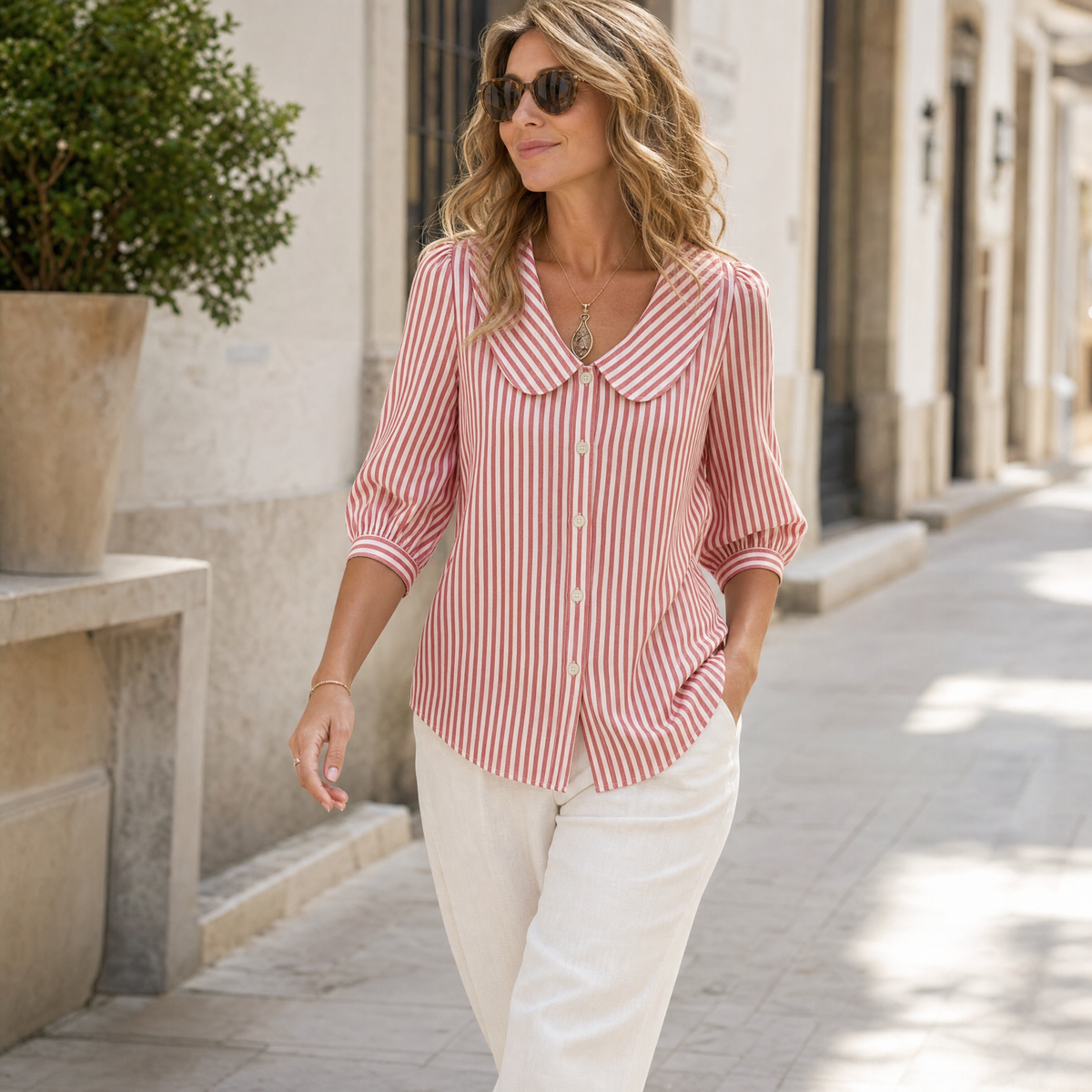 Solene Striped Sailor Collar Blouse - Women's Puff Sleeve
