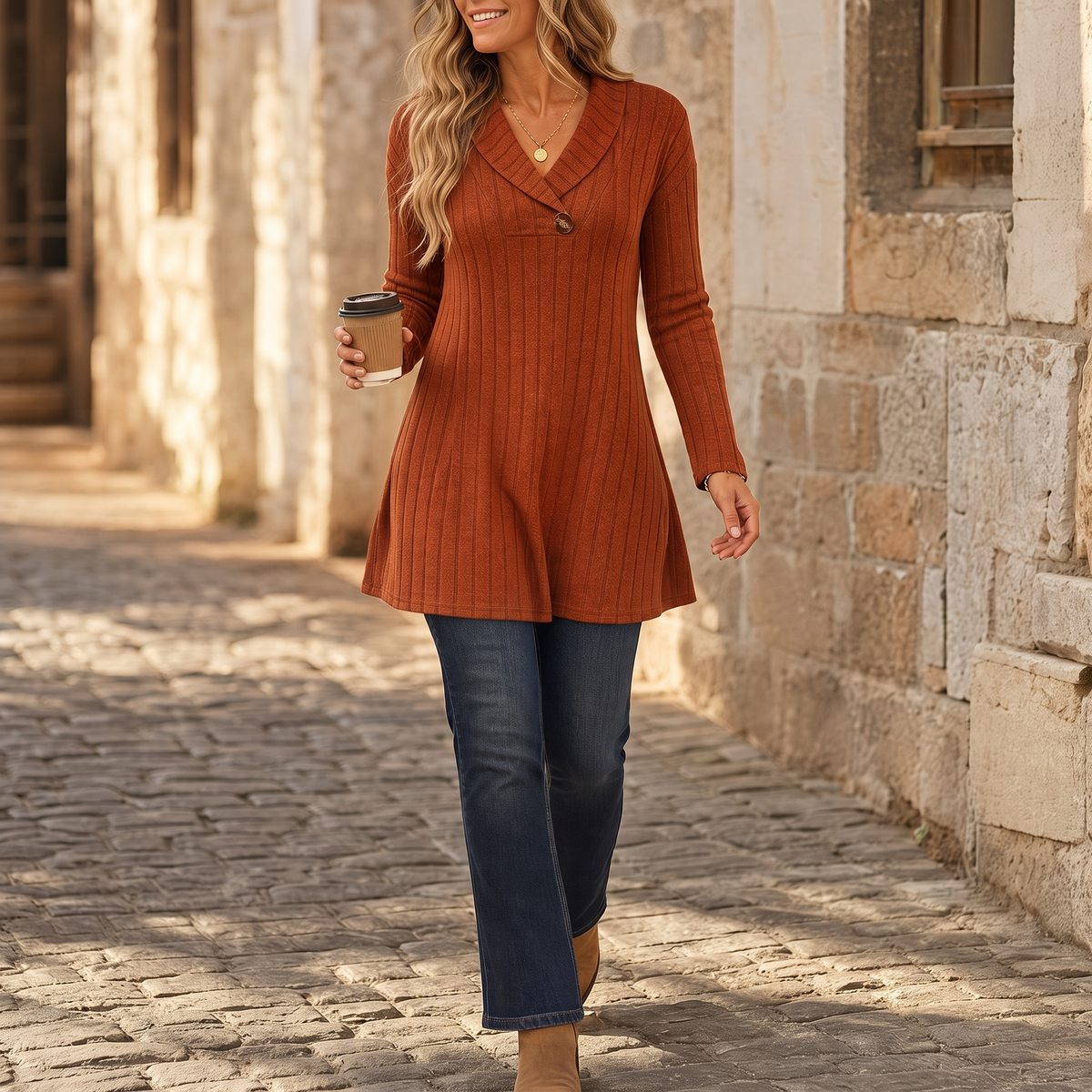 Curvella Ribbed V-Neck Top - Women's Slim Knit Top