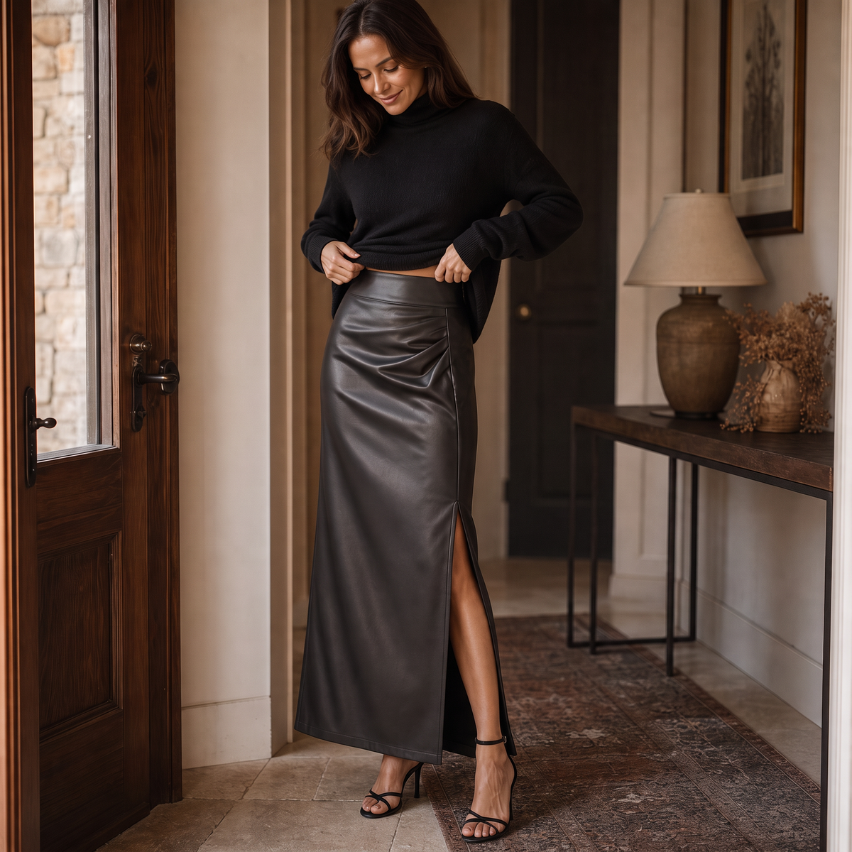 Velaire Faux Leather Skirt - High Waist Women's Midi Skirt
