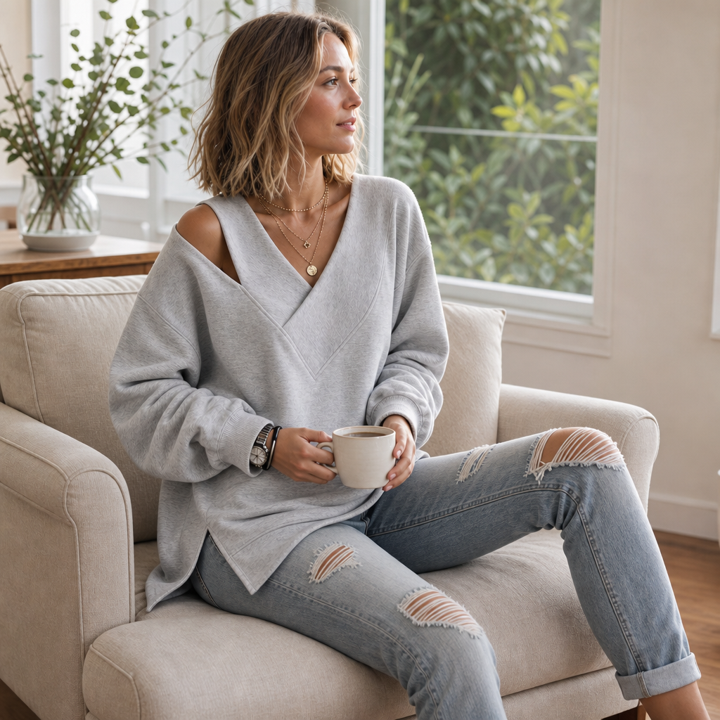 Slouvia - Cutout Shoulder Oversized Women's Sweatshirt
