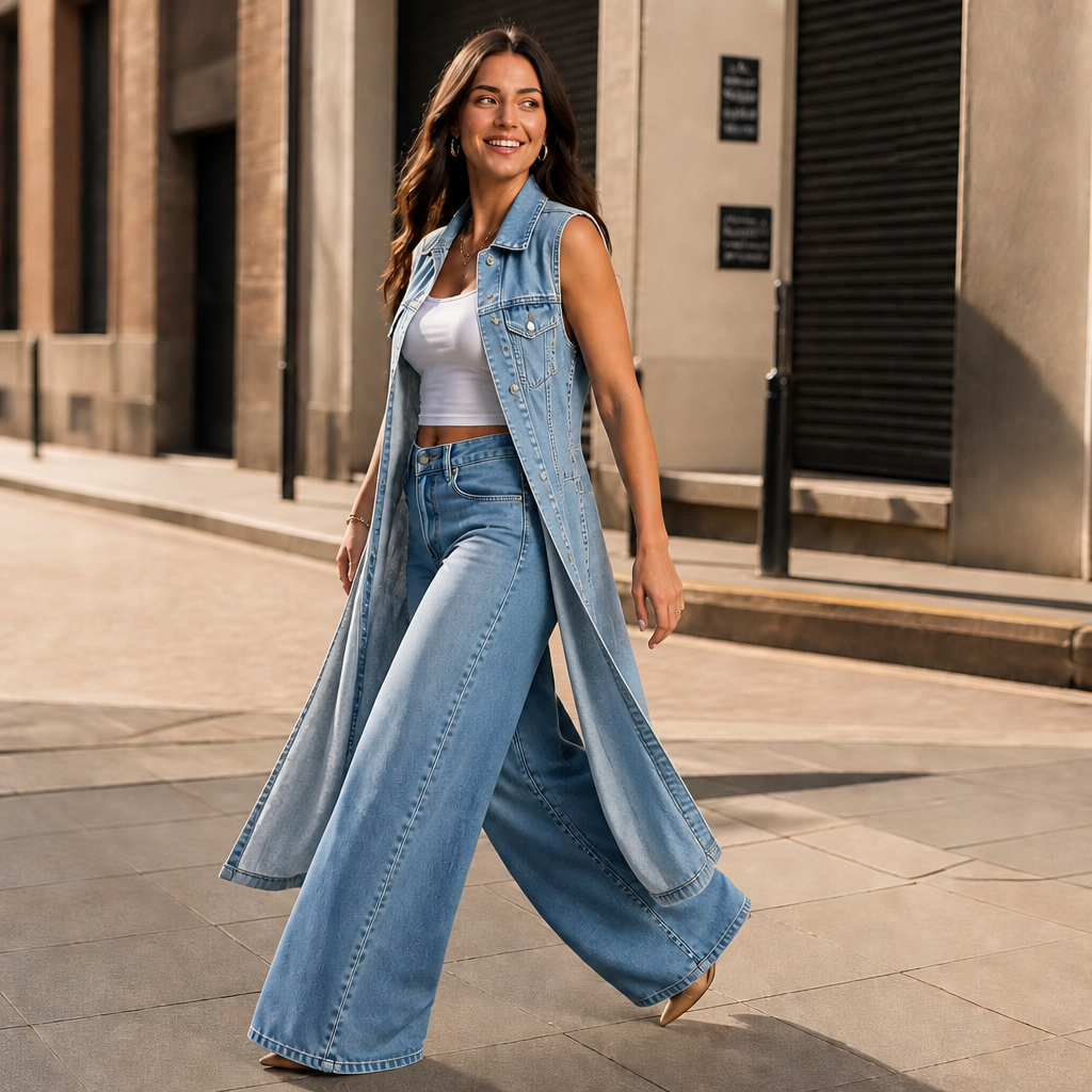 Overlaid Denim Vest Dress - Asymmetric Women's Denim Layer