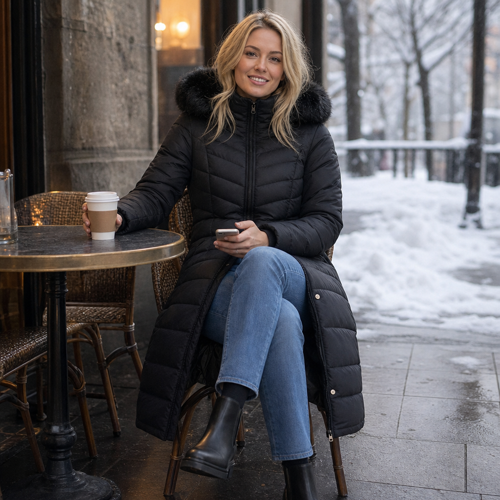 Chevronwarm Longline Puffer Coat - Women's Faux Fur Hood