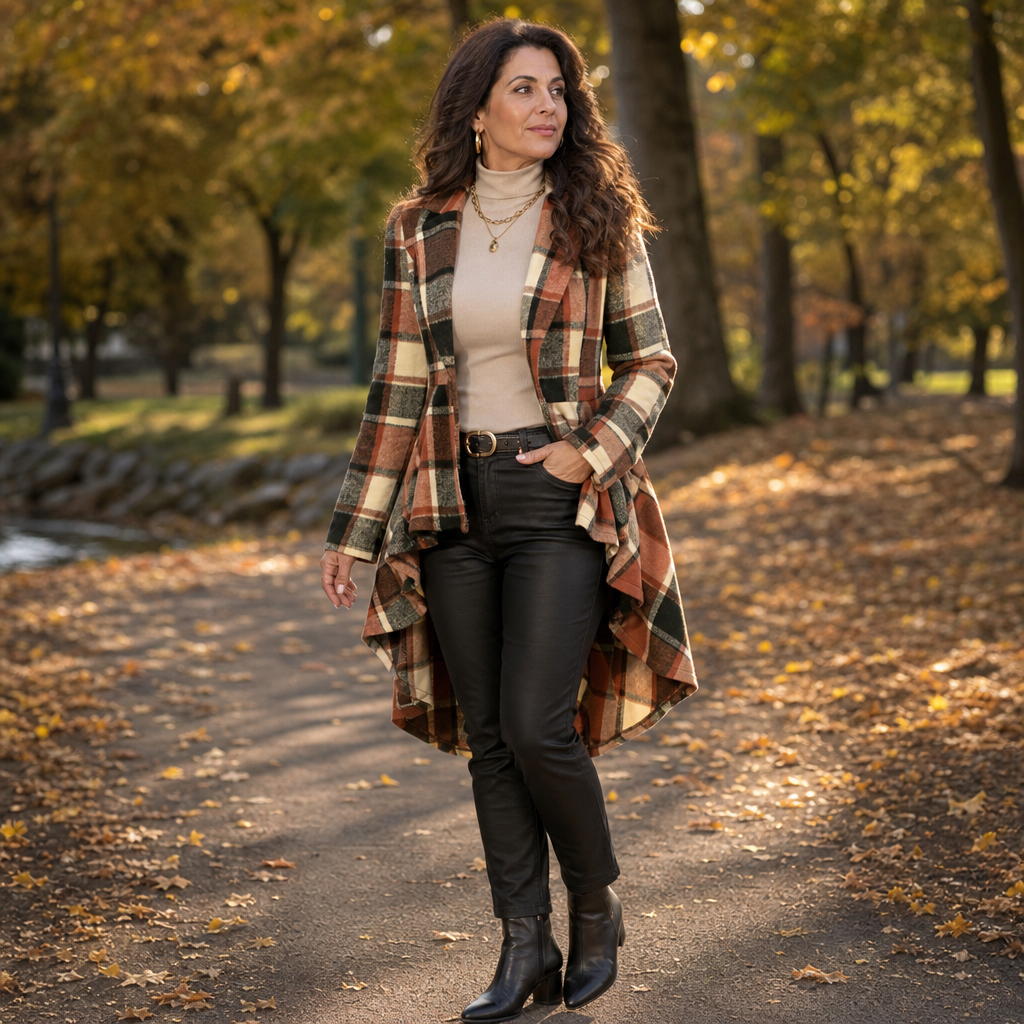 Cinchella Plaid Peplum Coat - Women's High Low Waist Coat