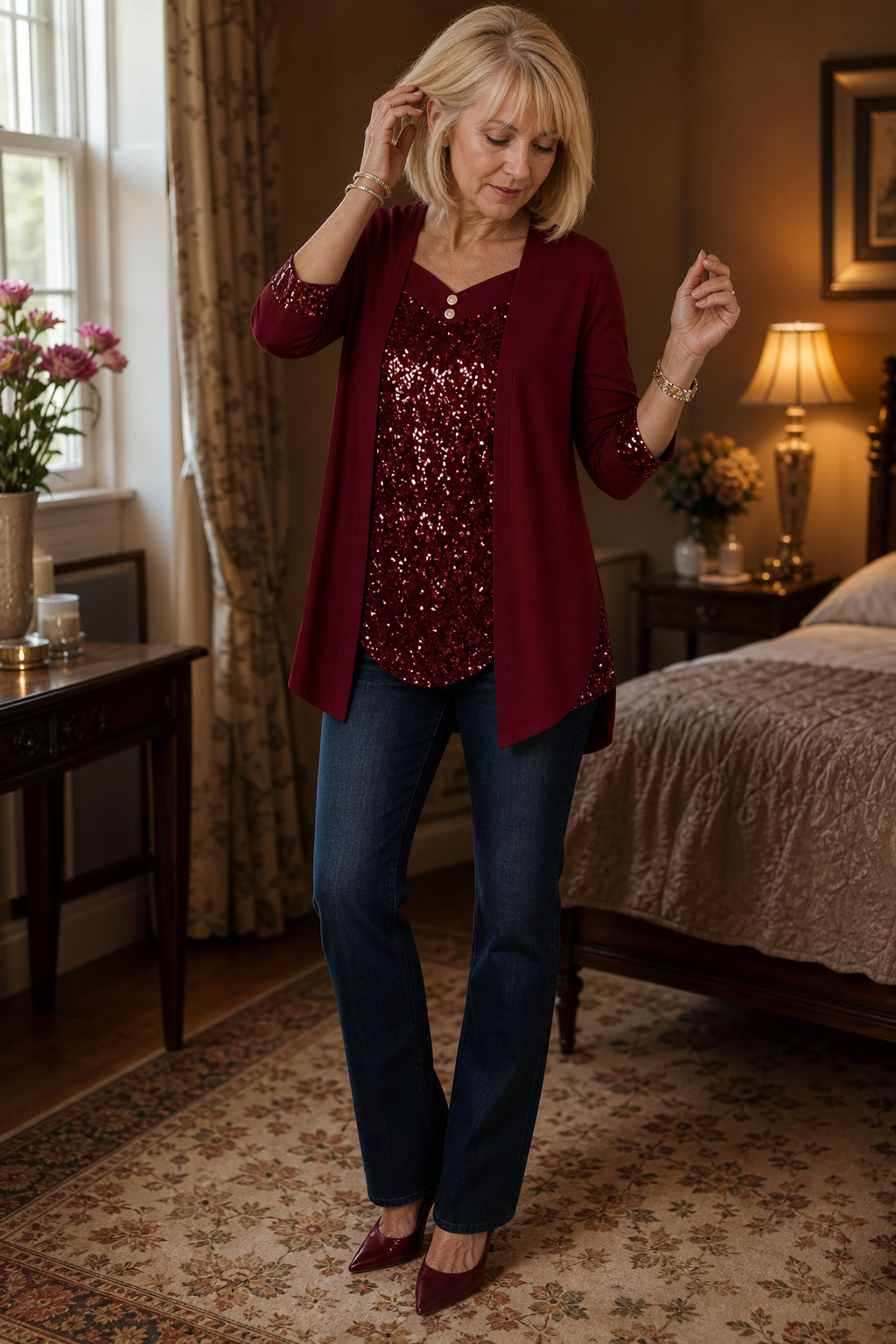 Veluxe Duo Sequin Top - Women's Mock Layer Evening Top