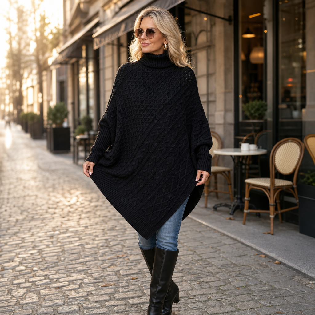 Cabelune Cable Knit Poncho - Women's Asymmetric Jumper