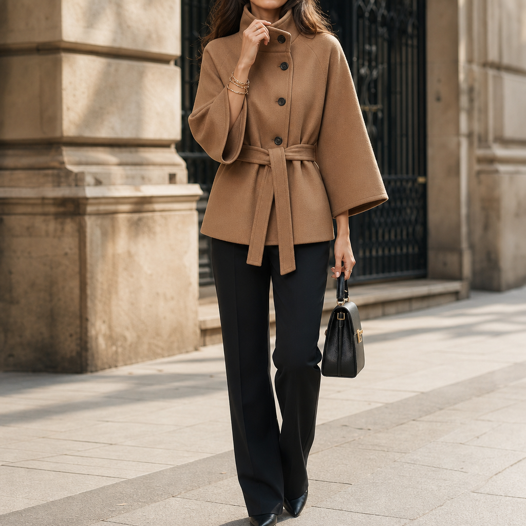 Velora Belted High-Neck Jacket - Asymmetric Women's Jacket