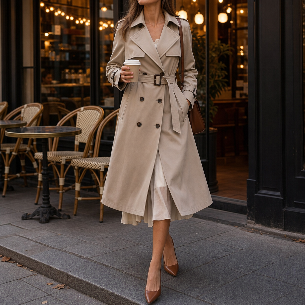 Winterly Belted Trench Coat - Women's Mid-Length Coat