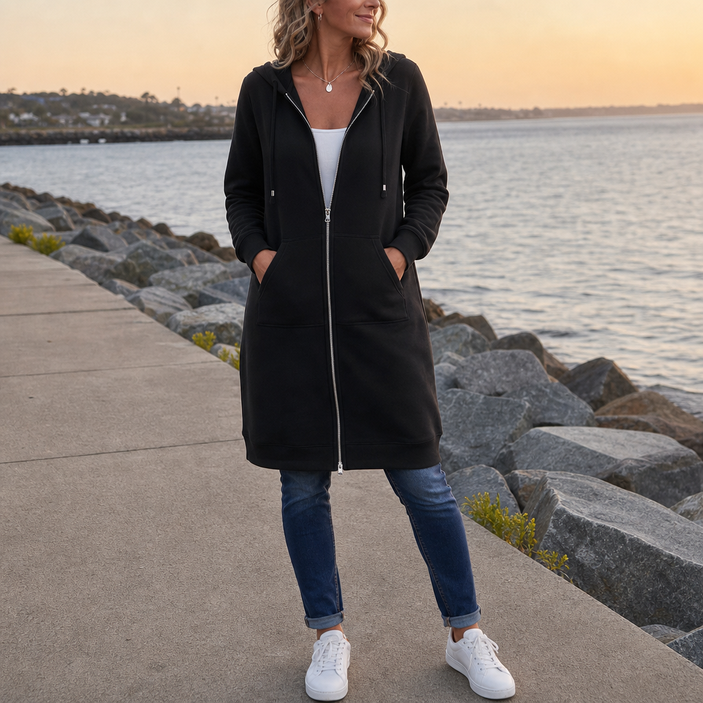 Wrapdown Long Hooded Jacket - Zip Up Women's Longline Coat