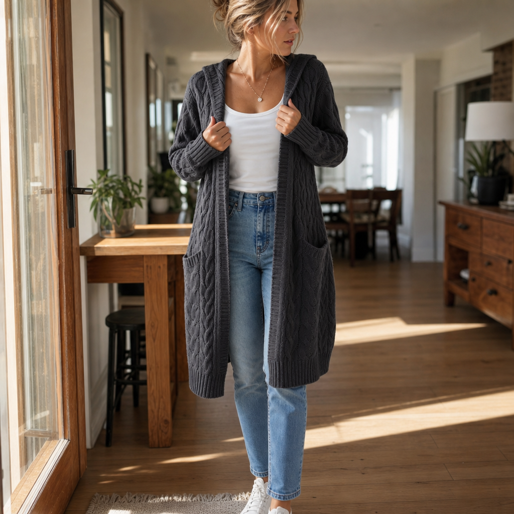 Wrapetta Cable Knit Cardigan - Women's Longline Hooded Knit