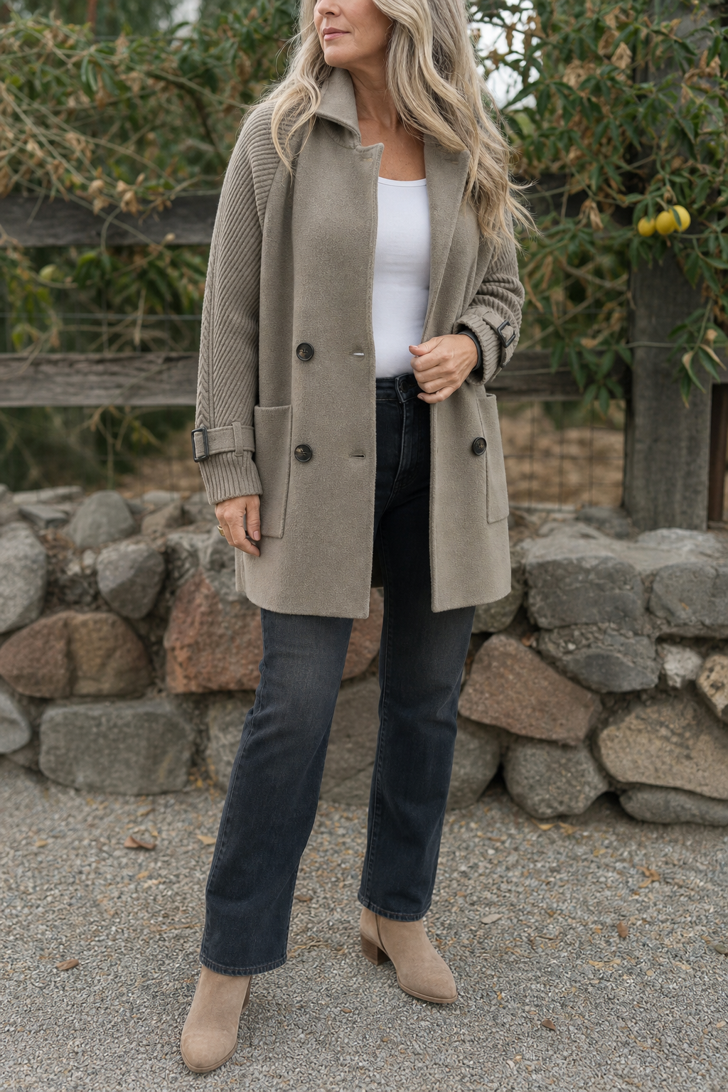 Isola Knit Sleeve Coat - Women's Double Breasted Long Coat