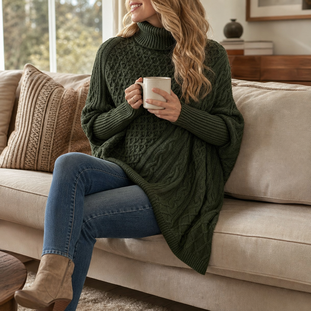 Cable & Cove Poncho Jumper - Women's Cable Knit Roll Neck