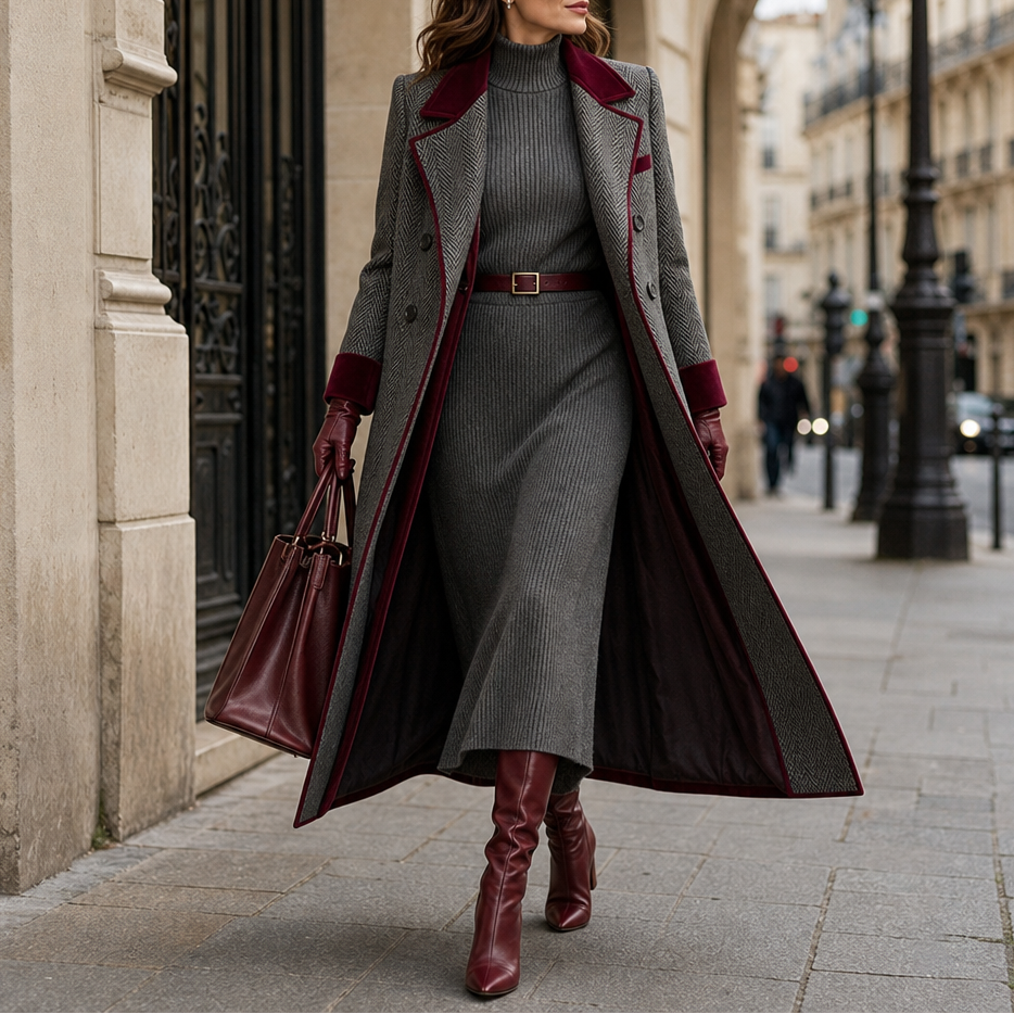 Veloura Herringbone Long Coat - Burgundy Trim Women's Coat