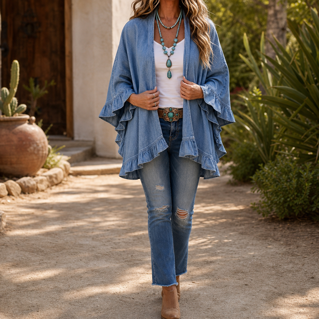 Ruffledenim Cardigan - Women's Ruffle Trim Denim Look Layer
