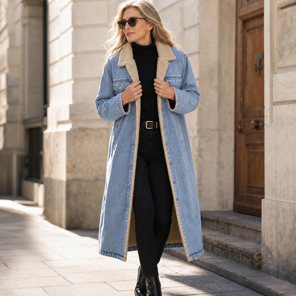 Denora Sherpa Lined Denim Coat - Women's Long Denim Coat