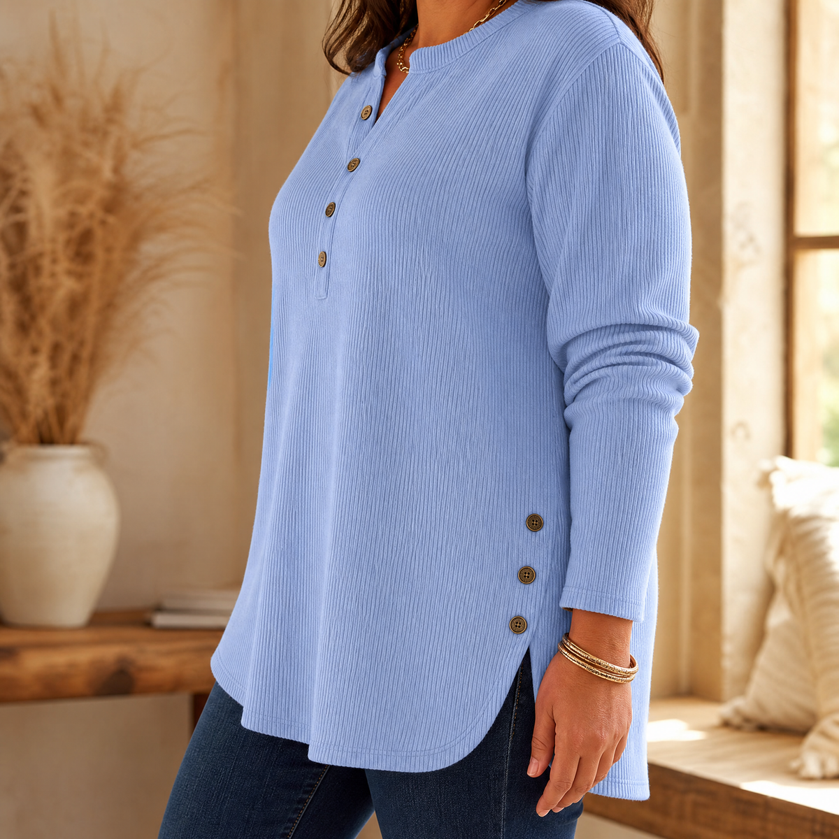 Lunavia - Ribbed Button-Up Henley Tunic for Women