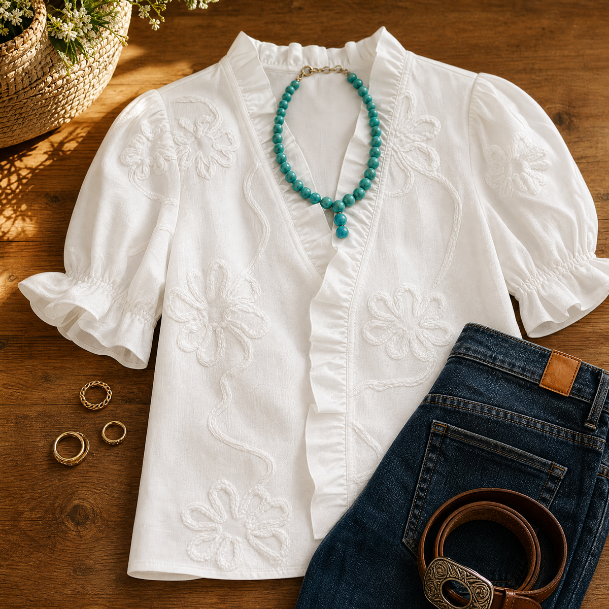 Belvera Ruffled V-Neck Blouse - Women's Puff Sleeve Top