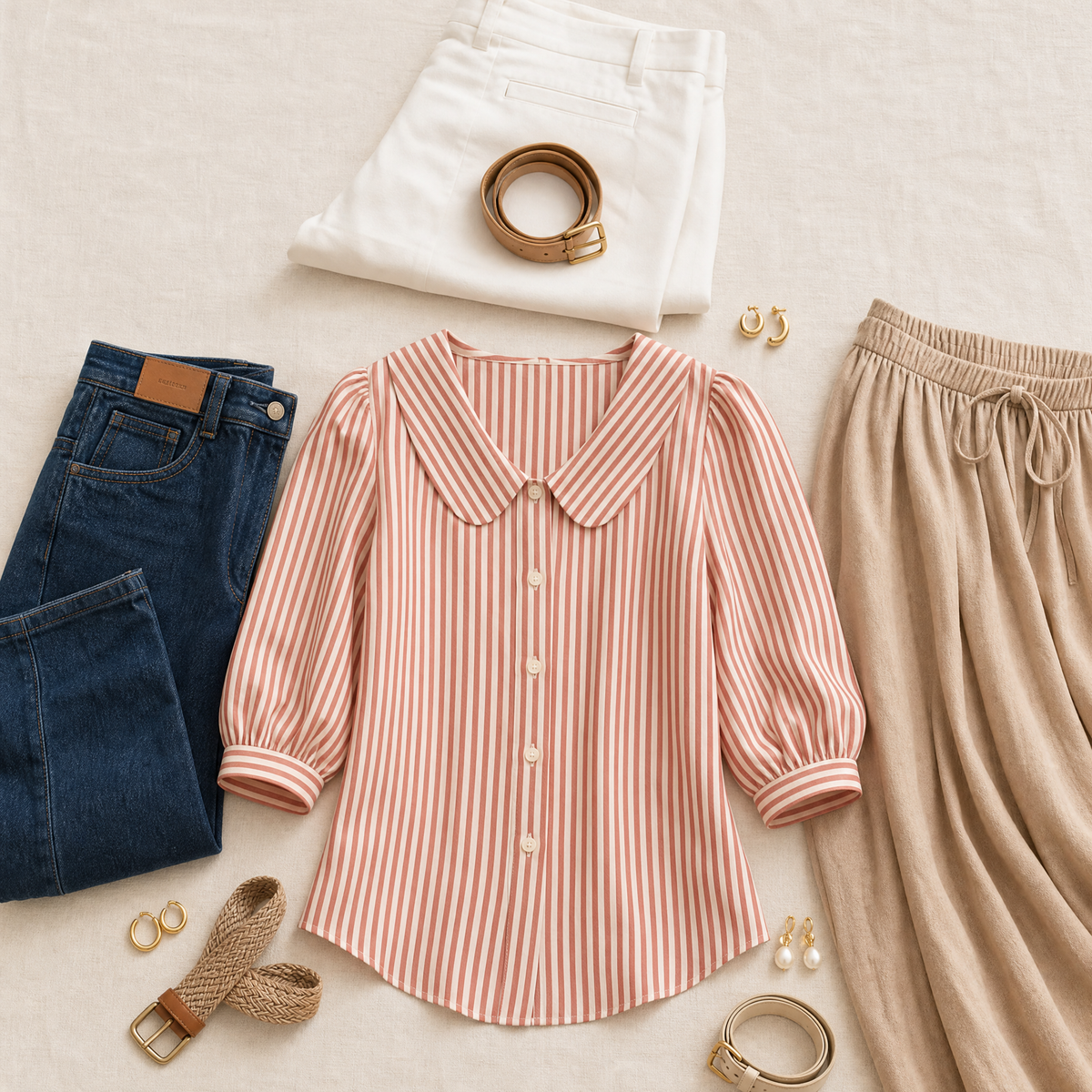 Solene Striped Sailor Collar Blouse - Women's Puff Sleeve