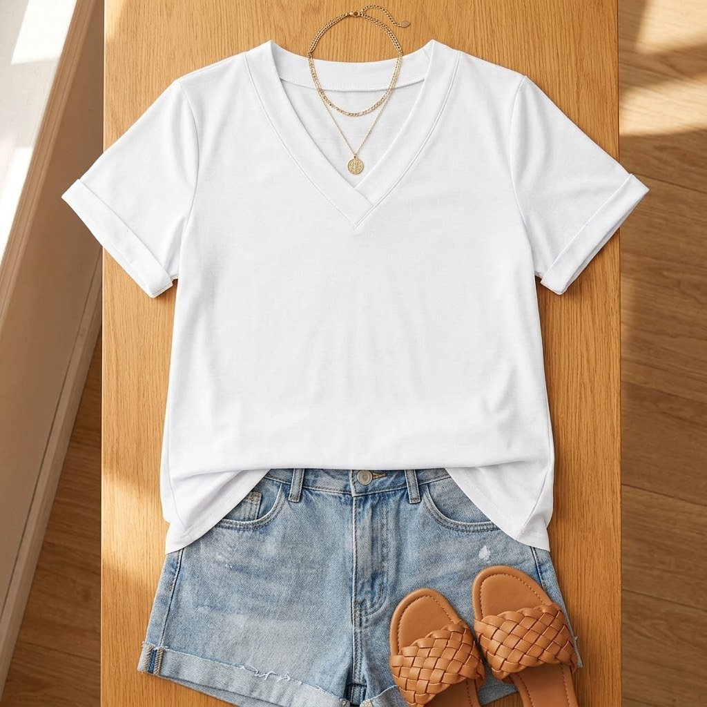 Lunavia - Soft V-Neck Tee with Rolled Cuffs for Women