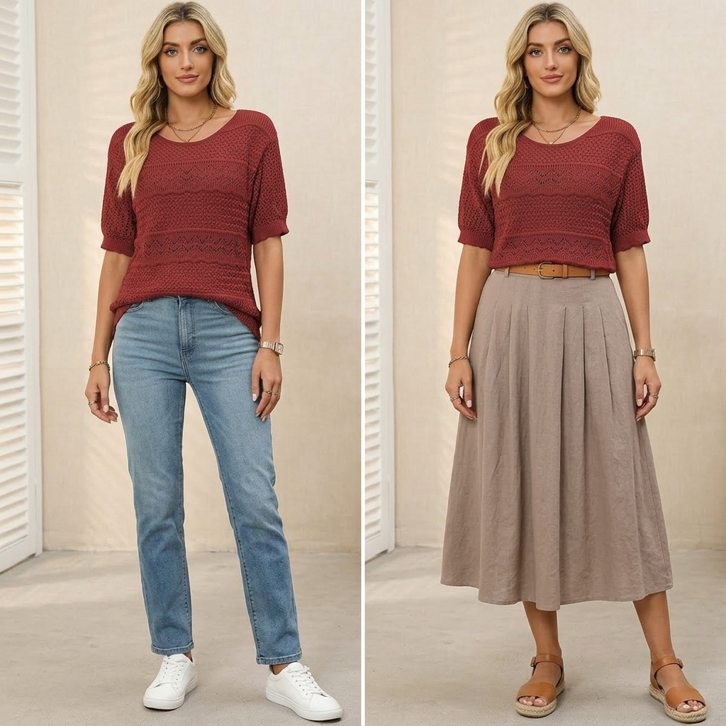 Wovelle - Women's Openwork Textured Knit Top