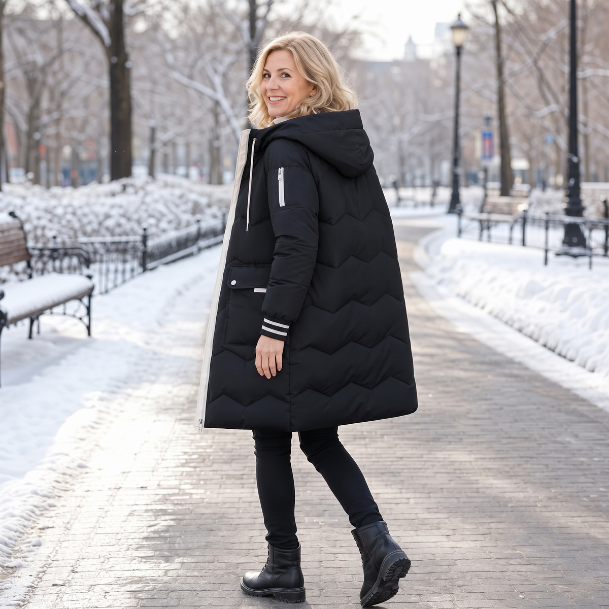 Cozyelle Puffer Coat - Hooded Mid-Length Women's Coat