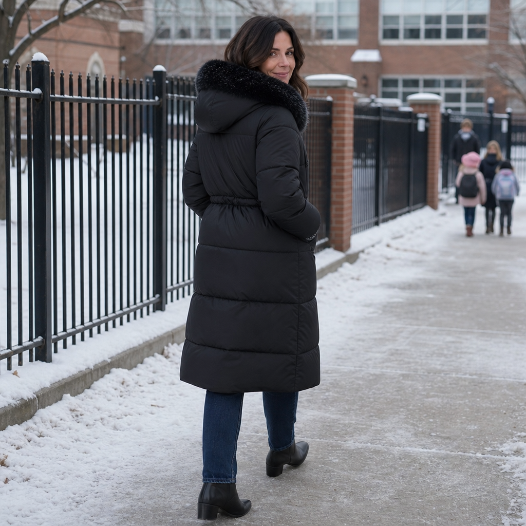 Veluna Padded Winter Coat - Plush Hood Trim Women's Coat