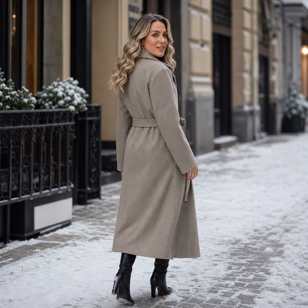 Belted Belle Long Coat - Double-Breasted Women's Coat