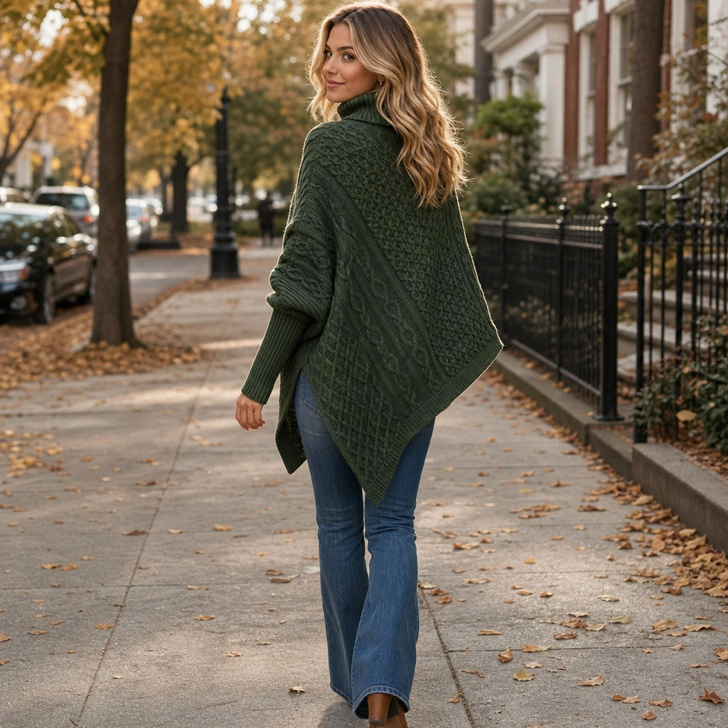 Cable & Cove Poncho Jumper - Women's Cable Knit Roll Neck