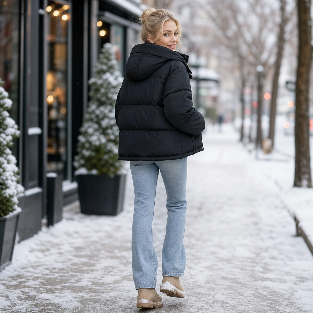 Veluna Cropped Puffer Jacket - Hooded Women's Short Coat