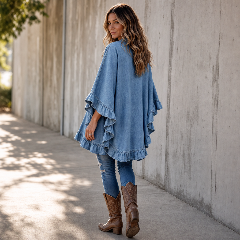 Ruffledenim Cardigan - Women's Ruffle Trim Denim Look Layer